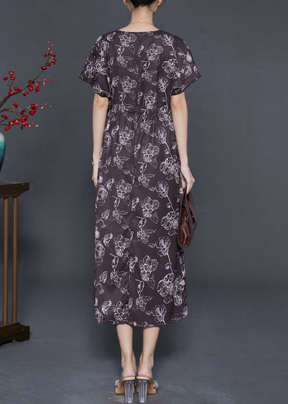 Modern Chocolate Cinched Print Silk Vacation Dresses Summer