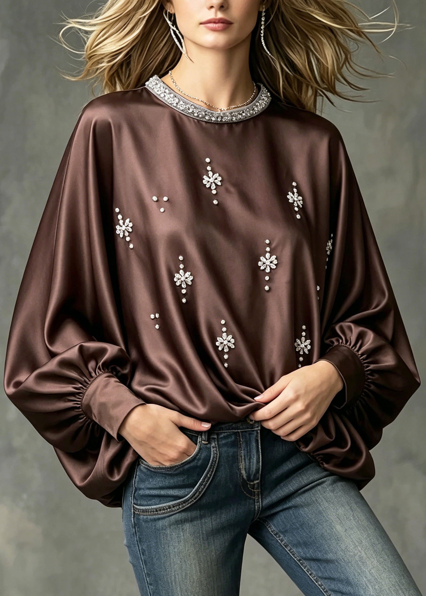 Modern Chocolate Oversized Zircon Silk Blouses Batwing Sleeve