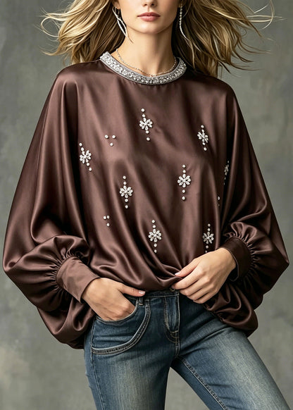 Modern Chocolate Oversized Zircon Silk Blouses Batwing Sleeve