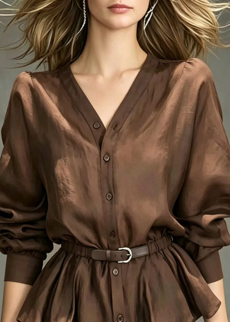 Modern Chocolate V Neck Button Front Belted Top Long sleeve