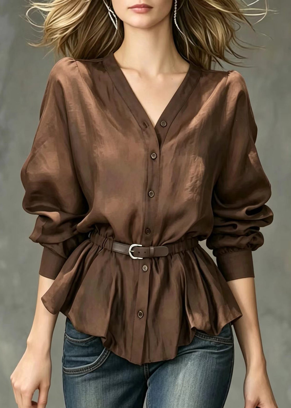 Modern Chocolate V Neck Button Front Belted Top Long sleeve