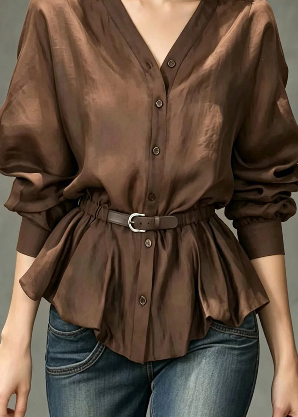 Modern Chocolate V Neck Button Front Belted Top Long sleeve