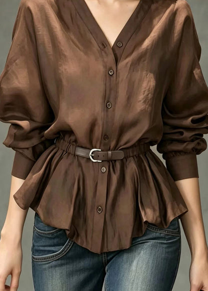 Modern Chocolate V Neck Button Front Belted Top Long sleeve