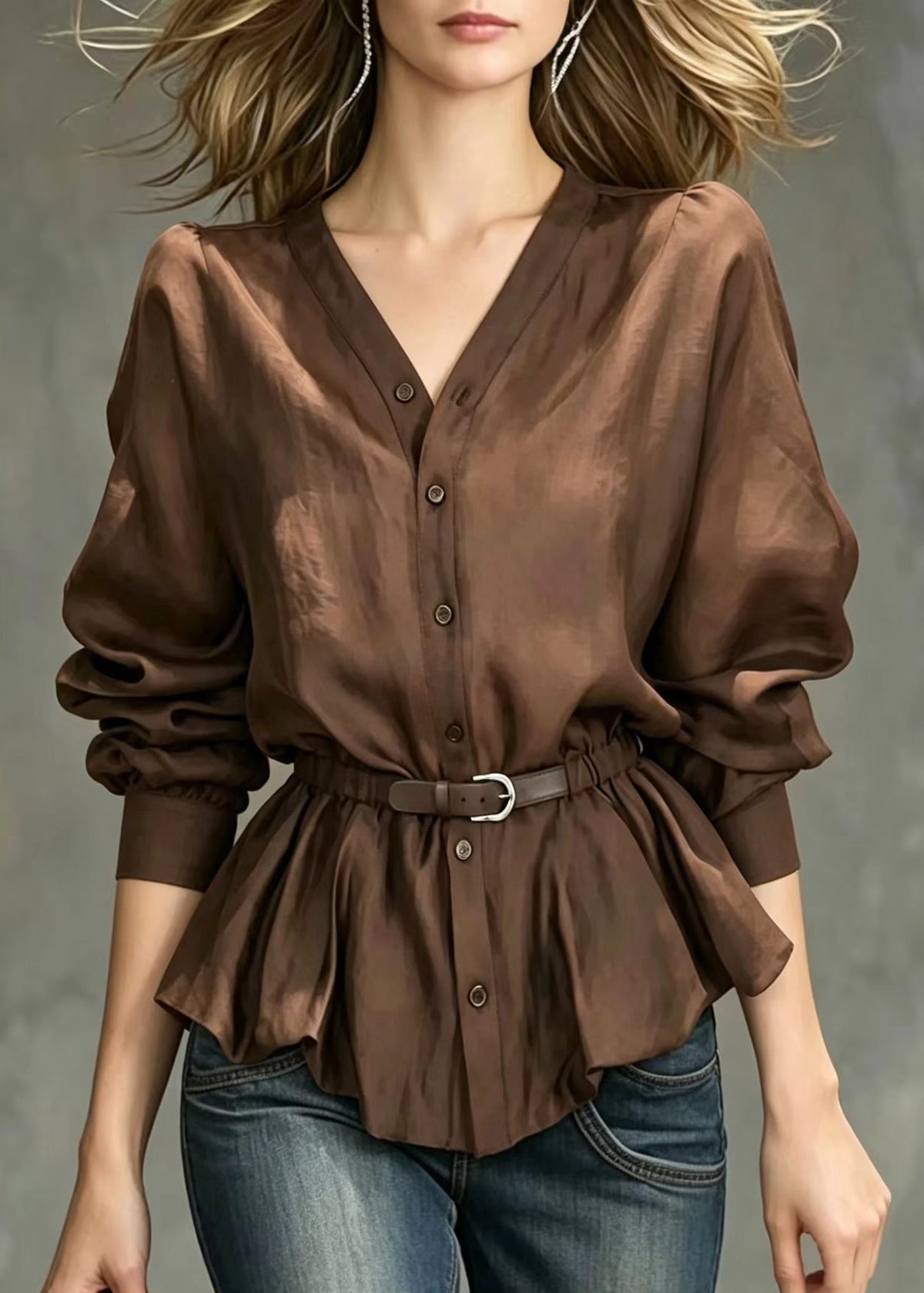 Modern Chocolate V Neck Button Front Belted Top Long sleeve