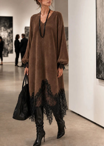 Modern Coffee Asymmetrical Lace Patchwork Dress Fall