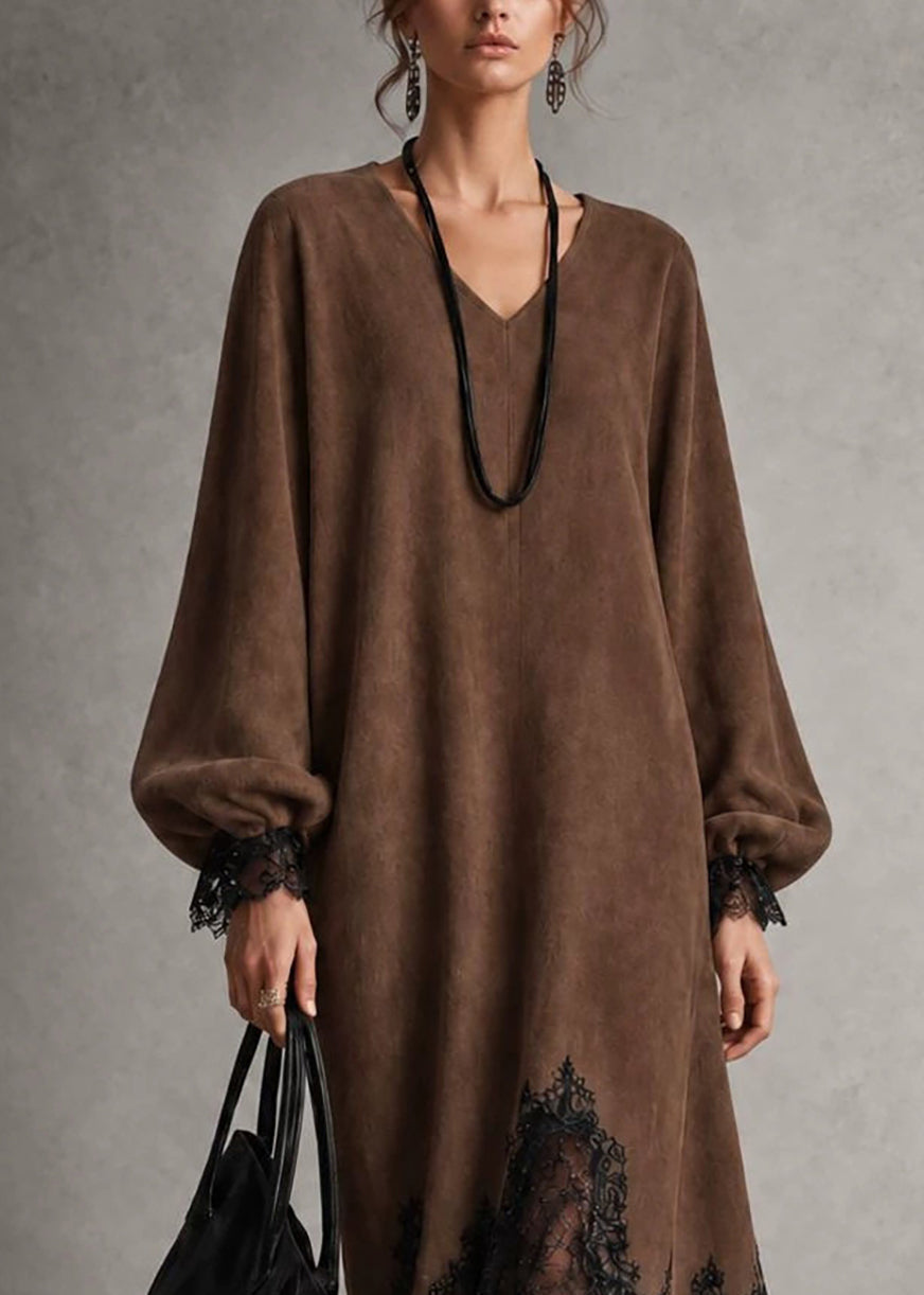 Modern Coffee Asymmetrical Lace Patchwork Dress Fall