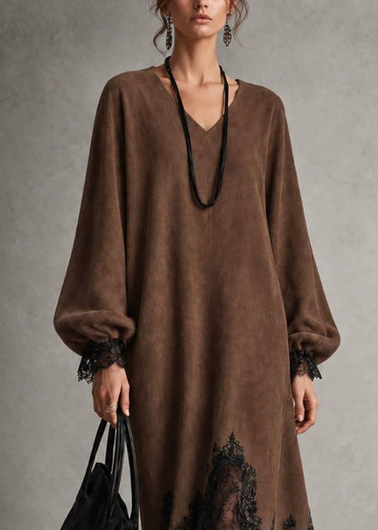Modern Coffee Asymmetrical Lace Patchwork Dress Fall