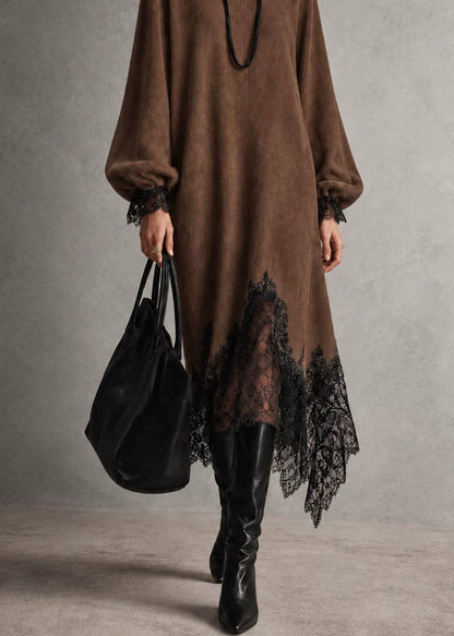 Modern Coffee Asymmetrical Lace Patchwork Dress Fall