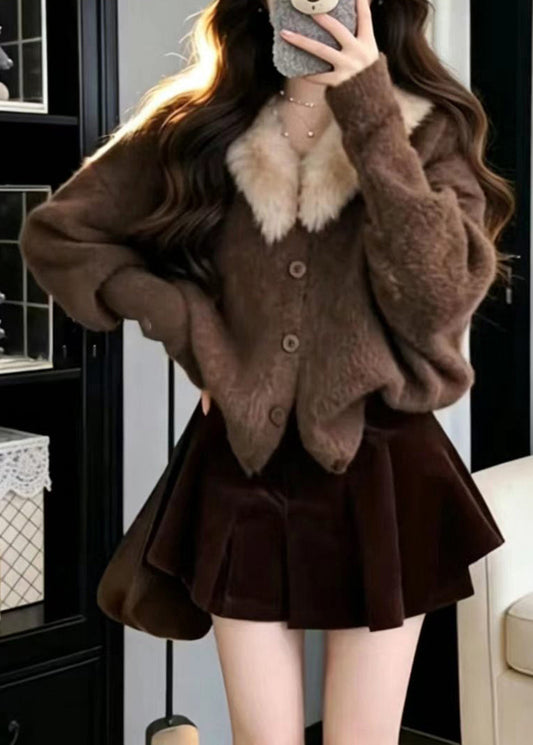 Modern Coffee Furry Collar Knit Cardigan And Skirt Two Piece Set Fall