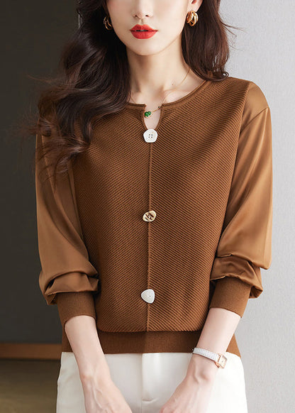 Modern Coffee O Neck Patchwork Knit Top Spring