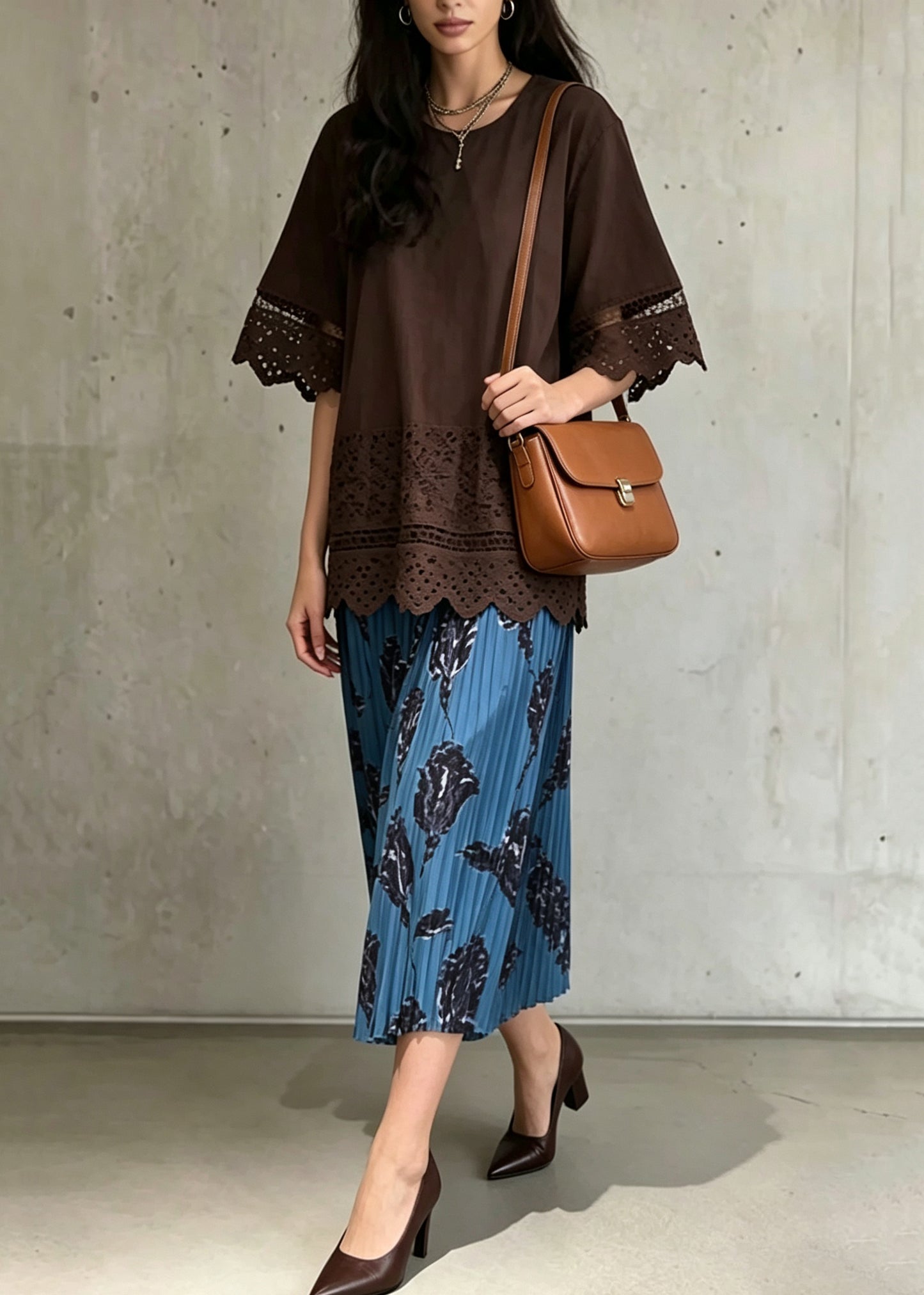 Modern Coffee Patchwork Lace Top And Skirts Two Pieces Set Summer