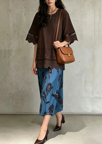 Modern Coffee Patchwork Lace Top And Skirts Two Pieces Set Summer