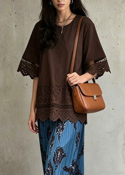 Modern Coffee Patchwork Lace Top And Skirts Two Pieces Set Summer