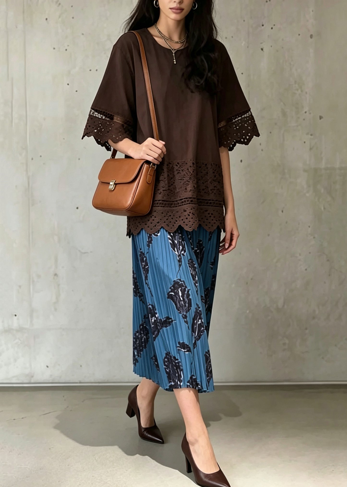 Modern Coffee Patchwork Lace Top And Skirts Two Pieces Set Summer