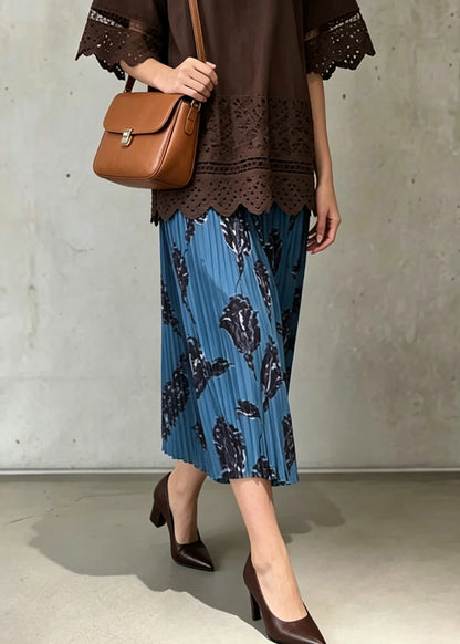 Modern Coffee Patchwork Lace Top And Skirts Two Pieces Set Summer