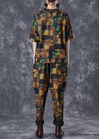 Modern Coffee V Neck Print Button Cotton 2 Piece Outfit Summer