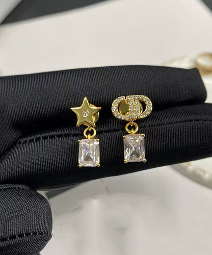 Modern Colorblock Copper Overgild Zircon Asymmetrical CD Graphic Crystal Star Drop Earrings