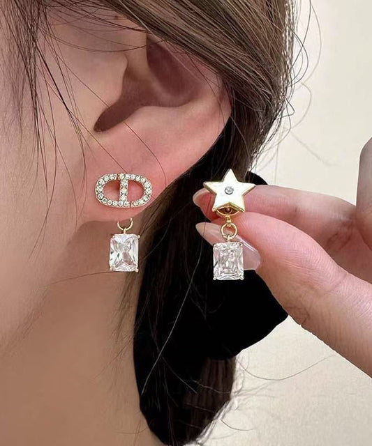 Modern Colorblock Copper Overgild Zircon Asymmetrical CD Graphic Crystal Star Drop Earrings