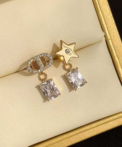 Modern Colorblock Copper Overgild Zircon Asymmetrical CD Graphic Crystal Star Drop Earrings