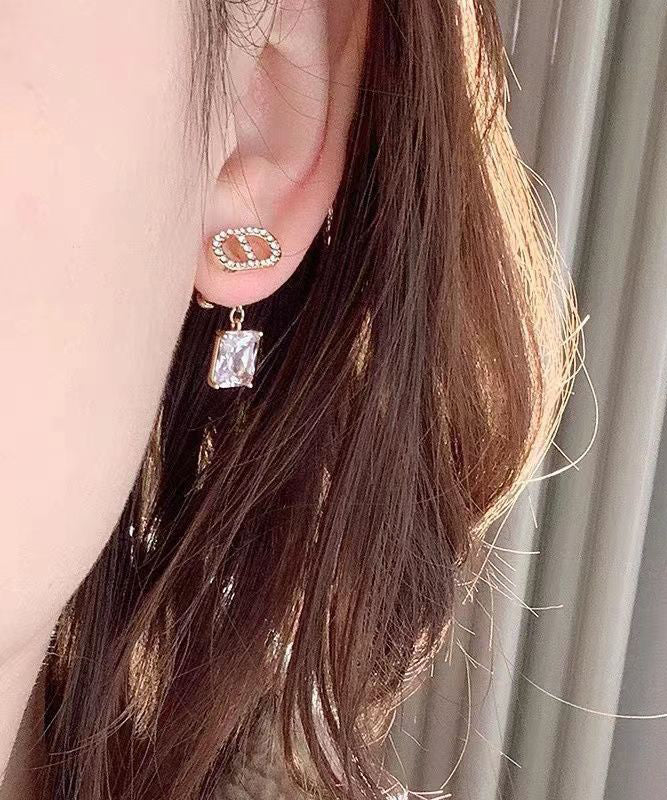 Modern Colorblock Copper Overgild Zircon Asymmetrical CD Graphic Crystal Star Drop Earrings
