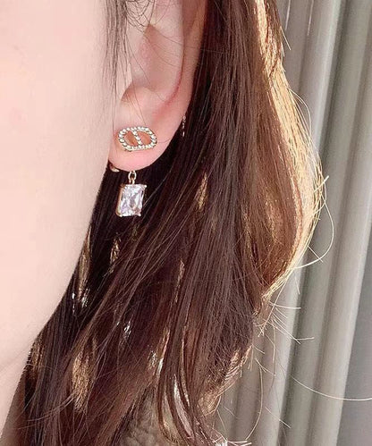 Modern Colorblock Copper Overgild Zircon Asymmetrical CD Graphic Crystal Star Drop Earrings