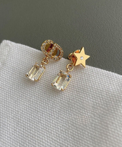 Modern Colorblock Copper Overgild Zircon Asymmetrical CD Graphic Crystal Star Drop Earrings