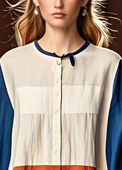 Modern Colorblock Layered Patchwork Cotton Dresses Flare Sleeve