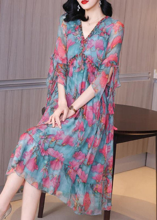 Modern Colorblock V Neck Ruffled Patchwork Print Silk Dress Half Sleeve