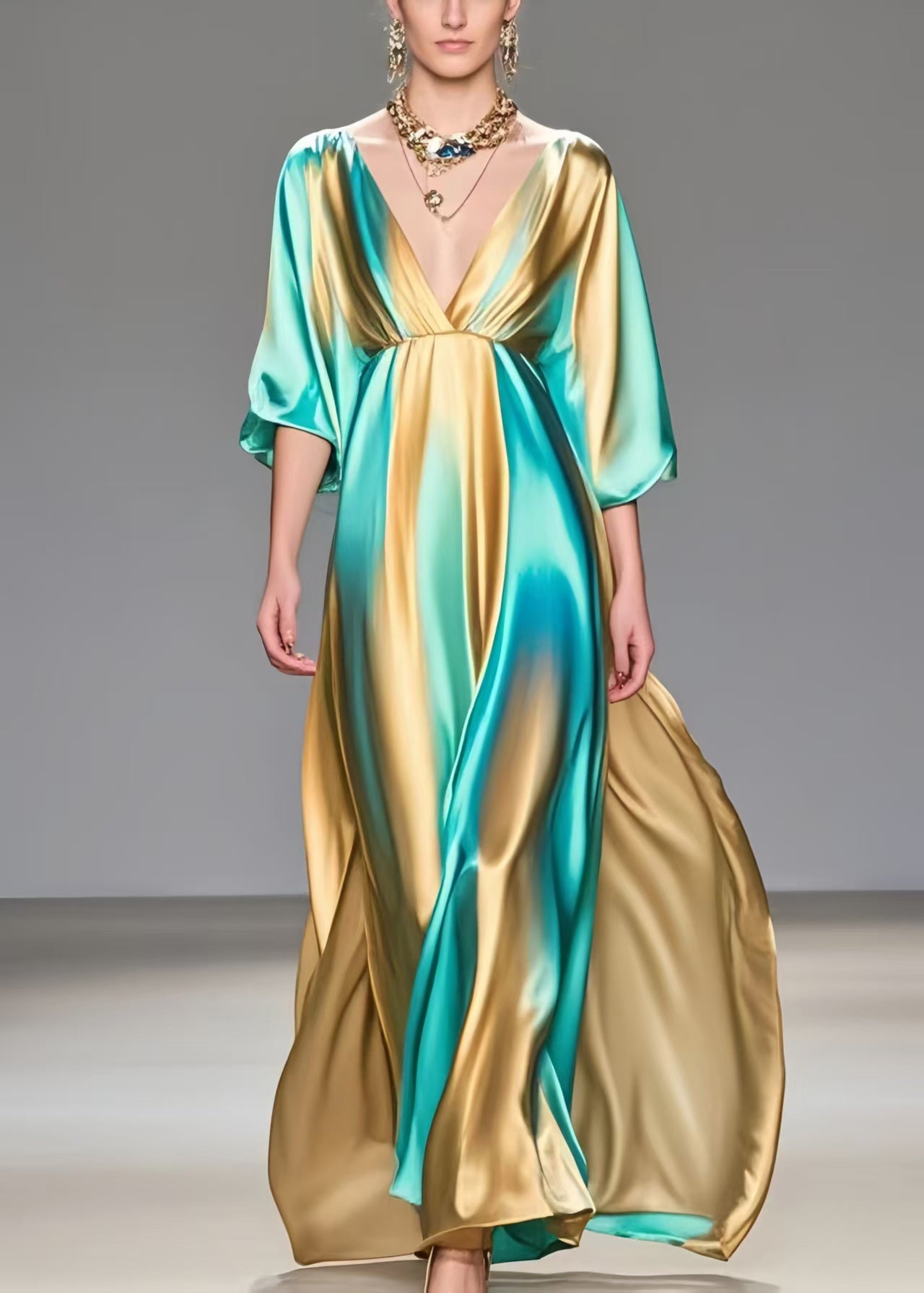 Modern Colorblock V Neck Tie Dye Silk Vacation Dresses Summer