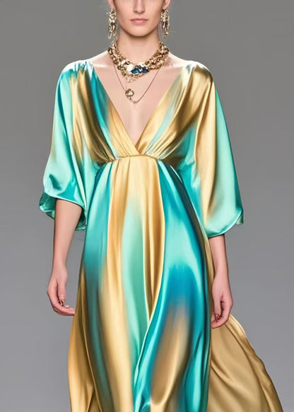 Modern Colorblock V Neck Tie Dye Silk Vacation Dresses Summer