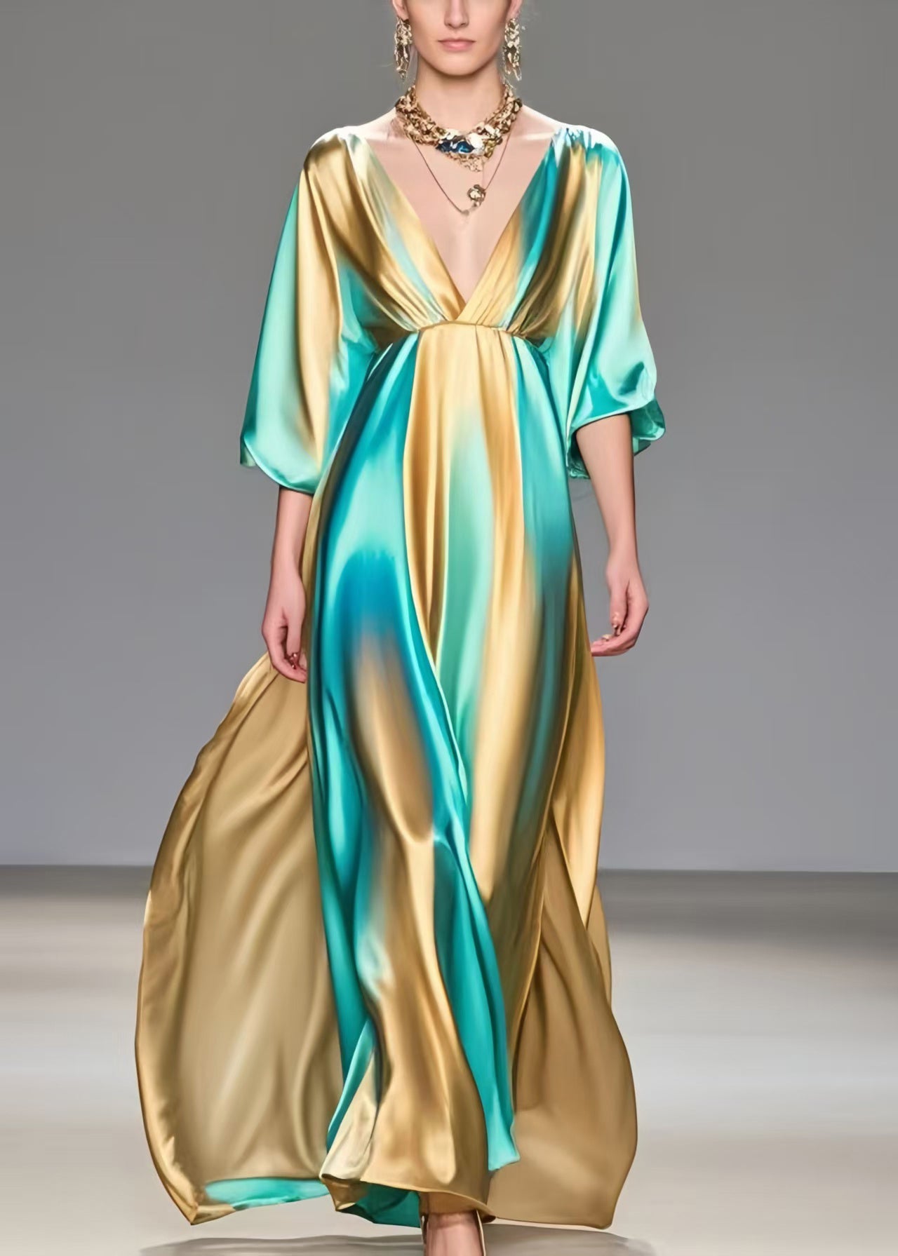 Modern Colorblock V Neck Tie Dye Silk Vacation Dresses Summer