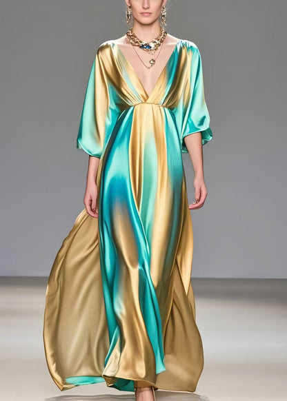 Modern Colorblock V Neck Tie Dye Silk Vacation Dresses Summer