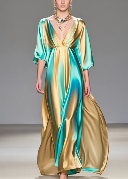 Modern Colorblock V Neck Tie Dye Silk Vacation Dresses Summer