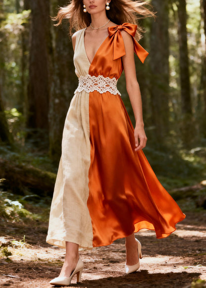 Modern ColorblockC Asymmetrical Patchwork Linen Silk Ankle Dresses Summer