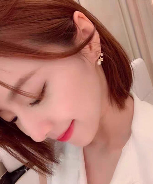 Modern Copper Overgild Zircon Pearl Graphic Starl Stud Earrings