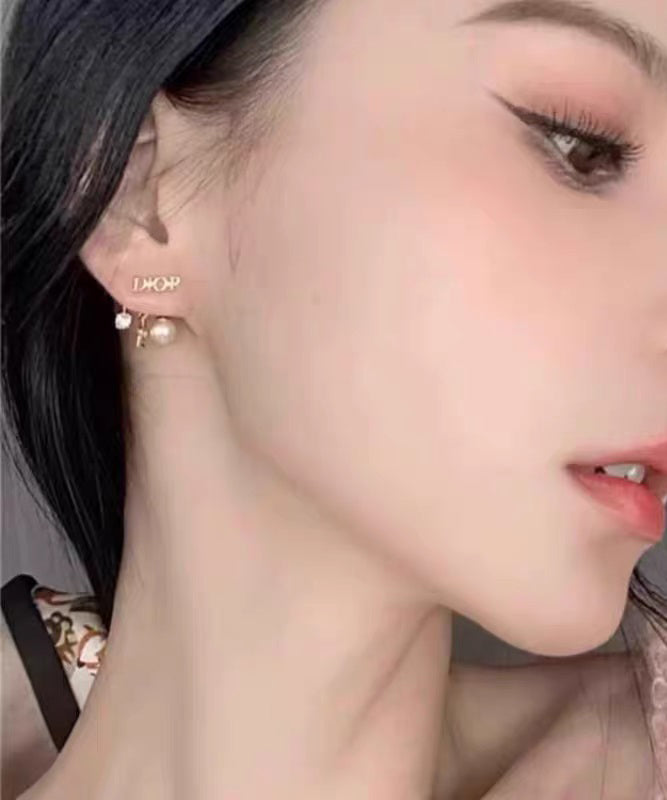 Modern Copper Overgild Zircon Pearl Graphic Starl Stud Earrings