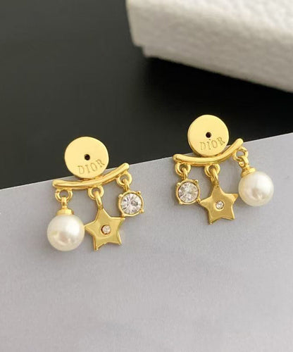 Modern Copper Overgild Zircon Pearl Graphic Starl Stud Earrings