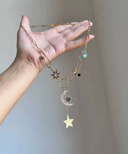 Modern Copper Zircon Stars And Moon Pendant Necklace