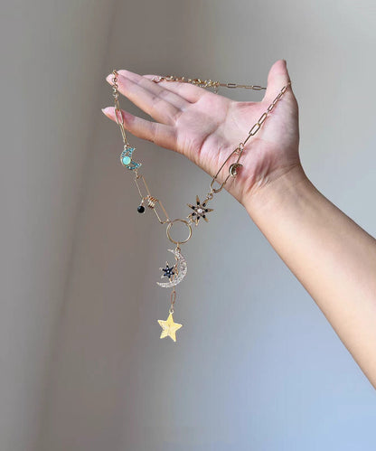 Modern Copper Zircon Stars And Moon Pendant Necklace
