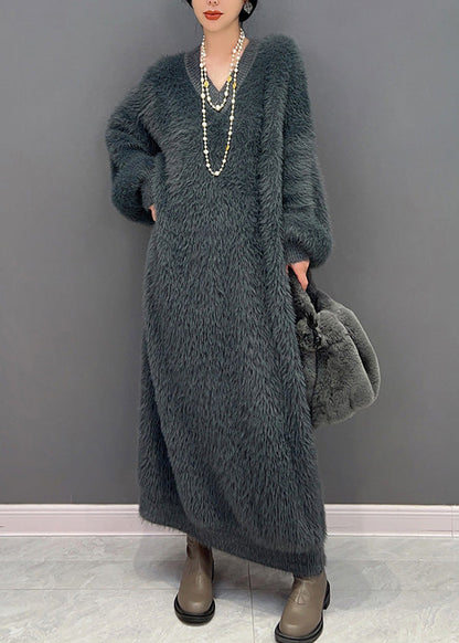 Modern Dark Gray V Neck Mink Velvet Knit Ankle Dress Winter