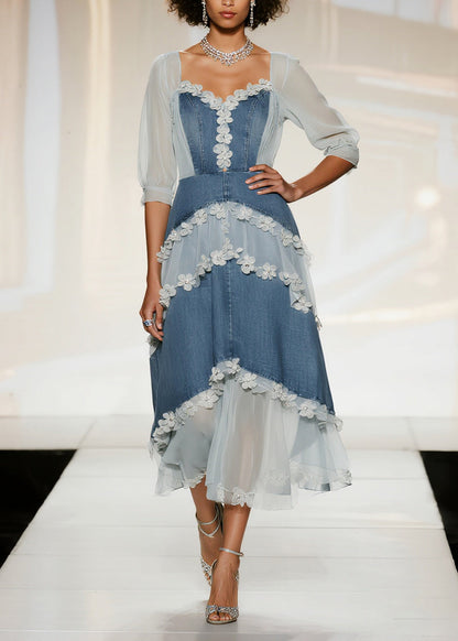 Modern Denim Blue Flower Patchwork Tulle Maxi Dresses Summer