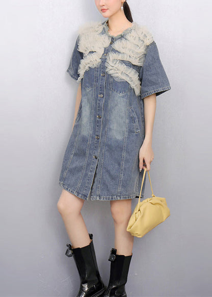Modern Denim Blue Patchwork Tulle Day Dress Summer
