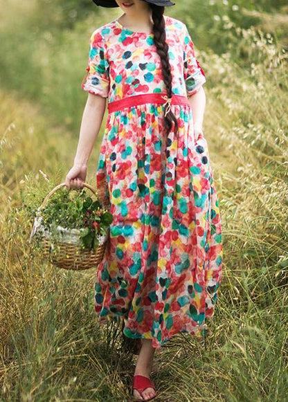 Modern Dotted Clothes Women O Neck Exra Large Hem Robes Summer Dress - SooLinen