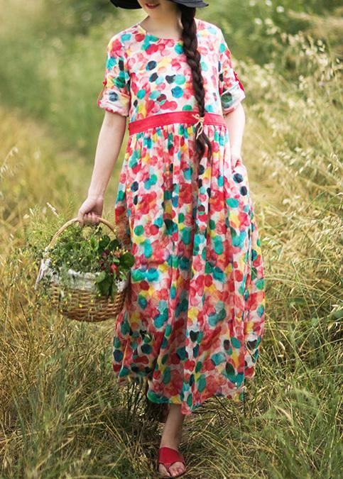 Modern Dotted Clothes Women O Neck Exra Large Hem Robes Summer Dress - SooLinen