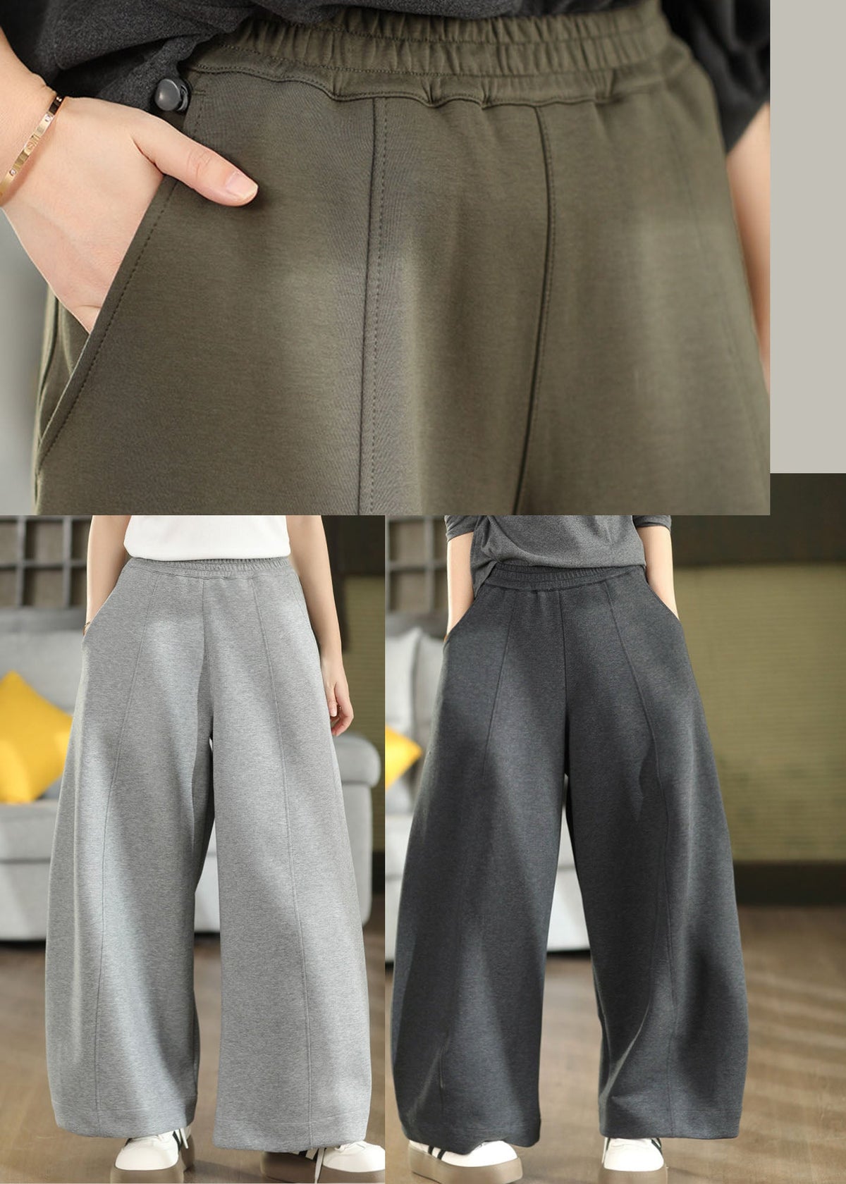Modern Dull Green Elastic Waist Cotton Straight Pants Fall