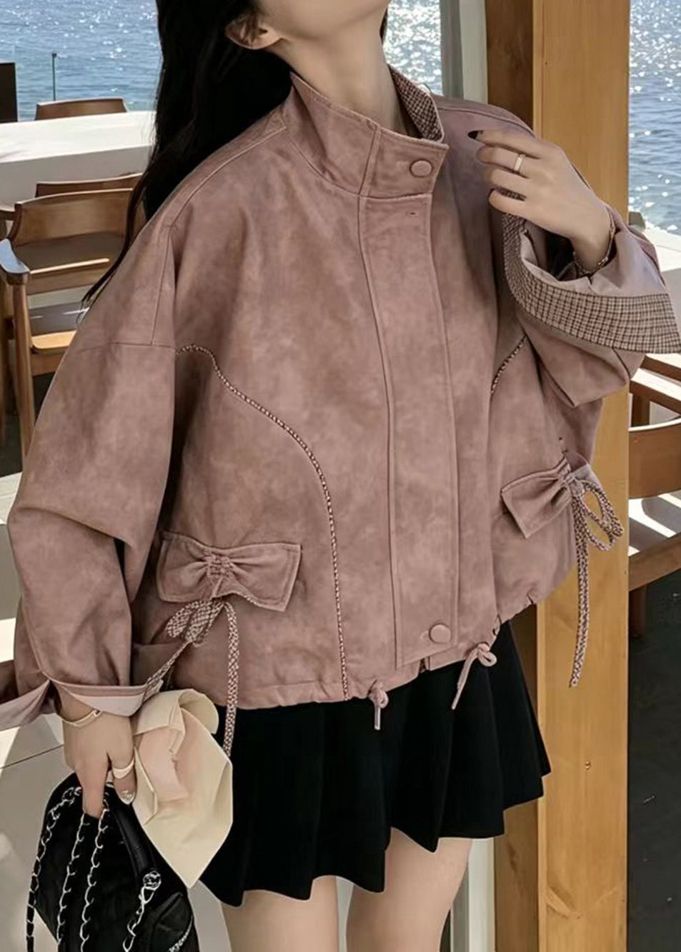 Modern Dusty Pink Drawstring Plaid Patchwork Faux Leather Jacket Fall
