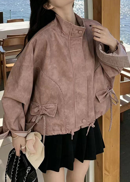 Modern Dusty Pink Drawstring Plaid Patchwork Faux Leather Jacket Fall
