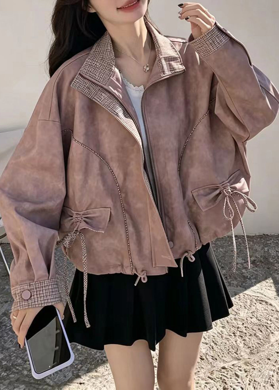 Modern Dusty Pink Drawstring Plaid Patchwork Faux Leather Jacket Fall