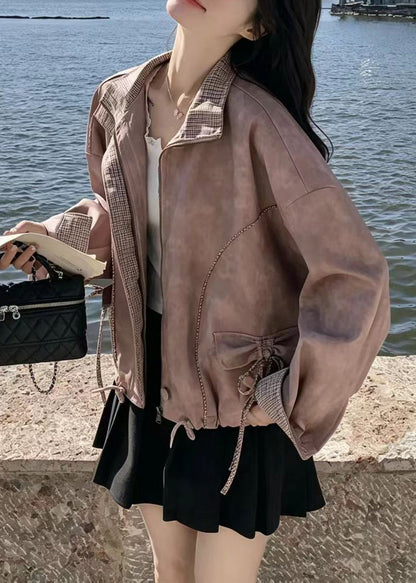 Modern Dusty Pink Drawstring Plaid Patchwork Faux Leather Jacket Fall
