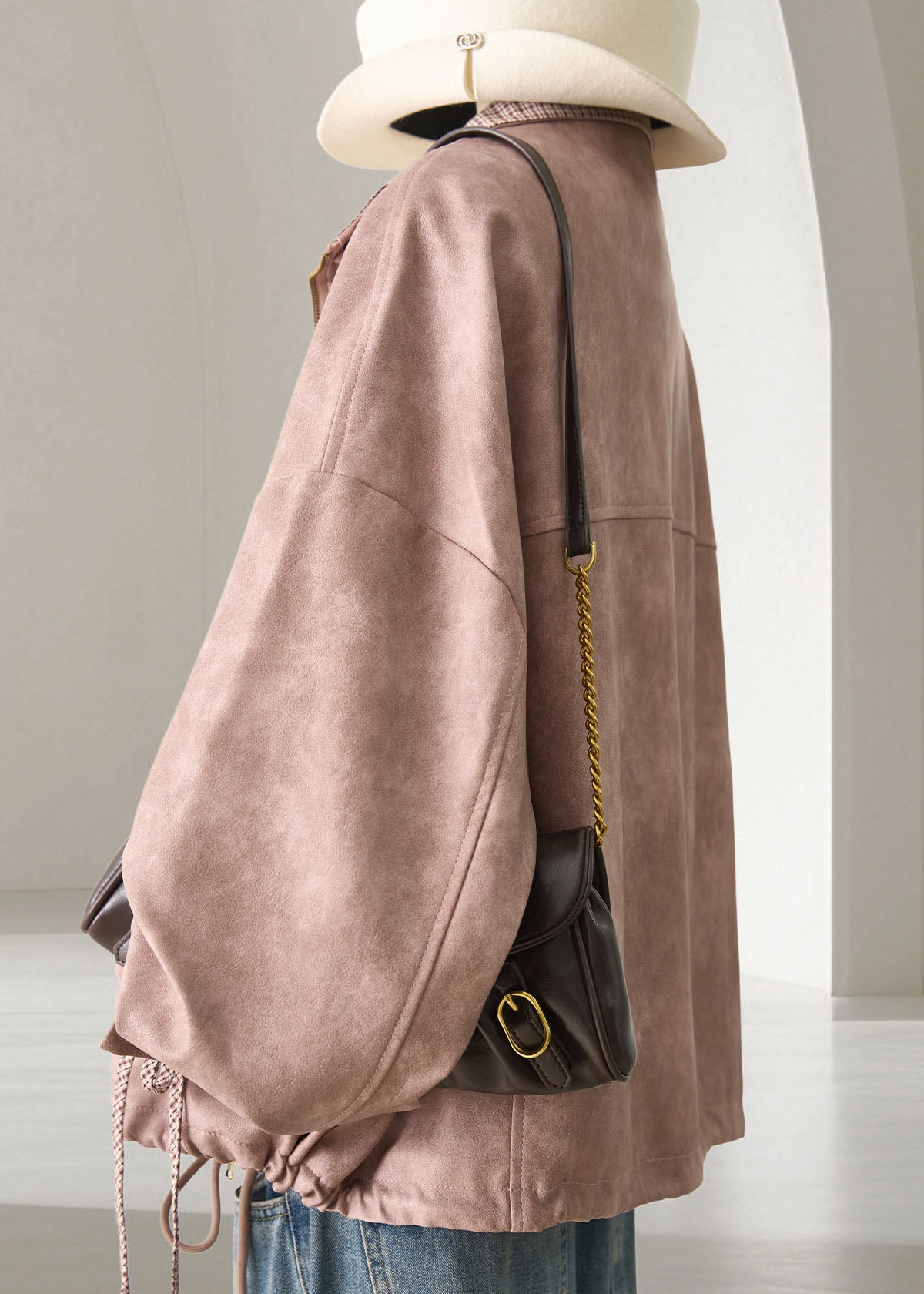 Modern Dusty Pink Drawstring Plaid Patchwork Faux Leather Jacket Fall